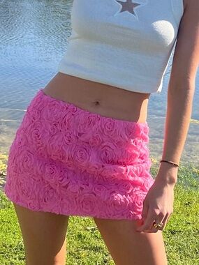 Pink Floral Rosette Mini Skirt - Women